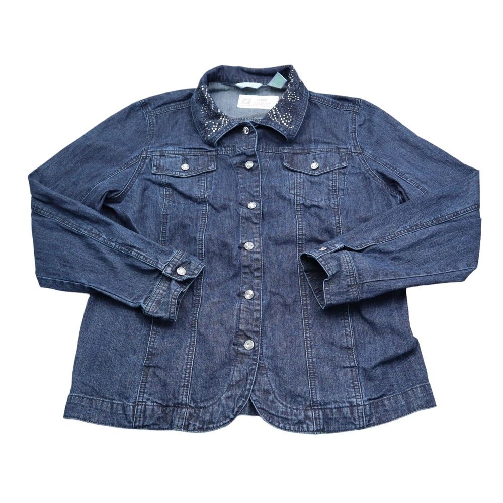 Laura Ashley Jacket Womens L Blue Denim Rhinestone Collar Button Pocket Stretch